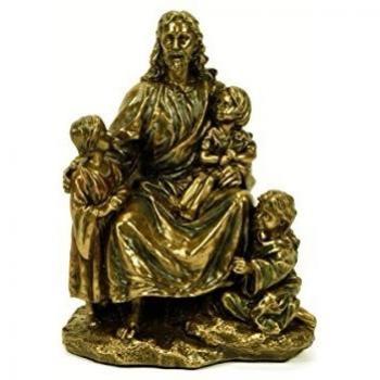 CAPRILO Figura Decorativa Religiosa Jesús con Niños Esculturas Resina. 13 x 10 x 17 cm.