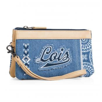 LOIS - 91819 Cartera Billetero Tarjetero Monedero triple de mujer con asa de mano, cremallera y 3 compartimentos tarjetas documentos. Lona Denim. Acolchado y bordado., Color Azul
