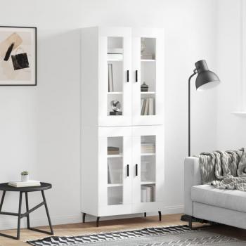 Aparador alto de madera contrachapada blanco brillo 69,5x34x180 cm con 2 puertas de cristal, mueble de almacenaje para salón, buffet y armario auxiliar