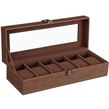 Caja de Relojes con 6 Compartimentos Marrón, Superficie de PU y Forro de Terciopelo