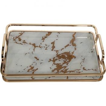 Bandeja Romimex Azul Dorado de Vidrio con Asas de Metal, dimensiones 30 x 6 x 20 cm