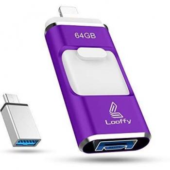 Looffy Memoria USB Pen Drive 64GB para iPhone y iPad USB 3.0 Memoria Flash Pendrive con Tipo C para iPhone iPad iOS Android Móvil Tableta PC 4 en 1