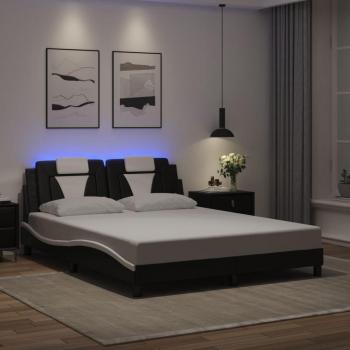Cama de cuero sintético con luces LED en blanco y negro 160x200 cm
