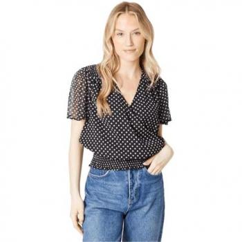 Black Spot Chiffon Shirred Hem Wrap Blouse - Size 16 UK
