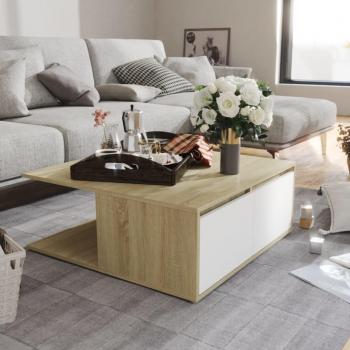 Mesa de centro de madera contrachapada 80x80x31 cm en blanco, negro y gris; Mesita de salón o comedor auxiliar, mesa de café; Mesa de centro de aglomerado blanco y roble Sonoma 80x