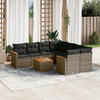 9-Piece Grey Poly Rattan Garden Sofa Set with Cushions