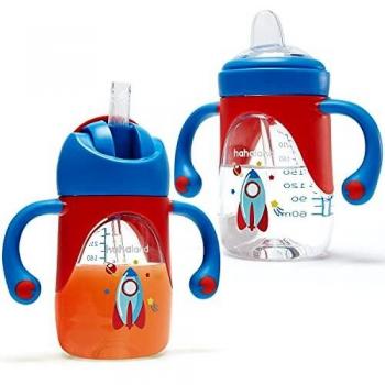 Vaso Bebe 2-en-1 Vaso Antiderrame Bebe con Boquilla y Pajita, Vaso Aprendizaje Bebe con Asas para Facilitar la Sujeción, Taza para Sorber para Bebes 6 12 meses, 240ml