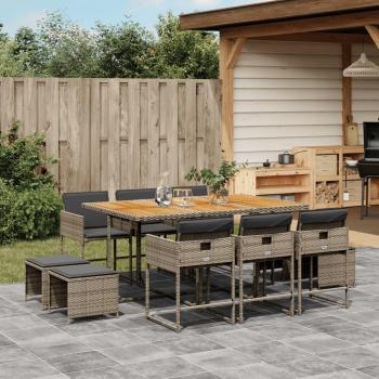 11-Piece Gray Poly Rattan Garden Dining Set with Cushions