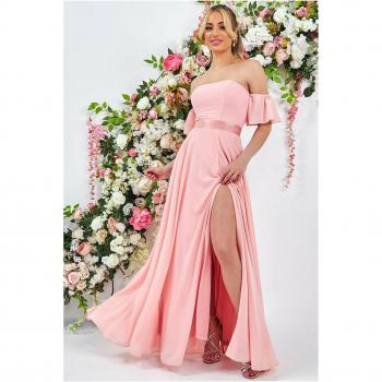 Goddiva Draped Off The Shoulder Maxi Dress With Split - Peach