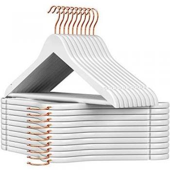 SONGMICS Perchas de Madera, Juego de 20 Perchas, Hombros con Muescas, Antideslizantes para Chaquetas, Camisas, Pantalones, Gancho Giratorio de 360° de Oro Rosa, Blanco CRW001W01