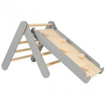 MeowBaby - Escalera tobogán con pared de escalada 2 en 1 Madera gris, Triángulo de escalada con tobogán para niños - Montessori Gris