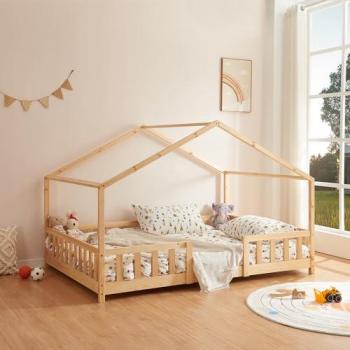 Cama Infantil Treviolo Forma de Casa con Reja Protectora 140x200 cm - Pino Natural