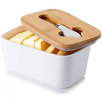 Mantequillera de Porcelana con Cuchillo y Tapa de Madera, Candiicap Contenedor Grande para Mantequilla, Recipiente Hermética para Todo Tipo de Mantequilla