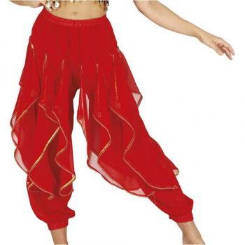 Pantalones de Danza del Vientre Rojo con Flecos Dorados