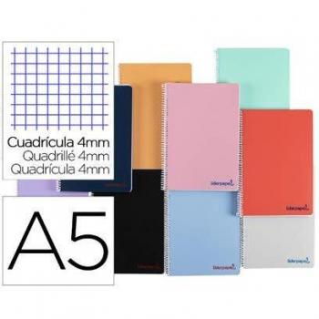 Cuaderno espiral liderpapel A5 wonder tapa plastico 80h 90g cuadro 4mm con margen colores surtidos.