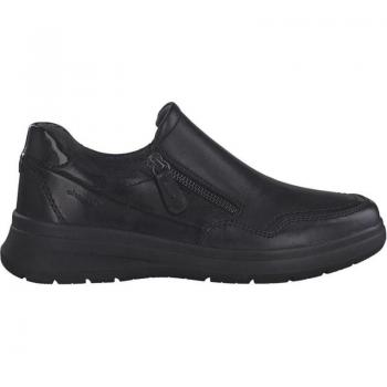 Cómoda Mocasín mujer 84701 de TAMARIS CONFORT en piel negra con ajuste de cremallera y elástico, plantilla anatómica extraíble, cómodo piso flexible y antideslizante, altura tacón bajo (1