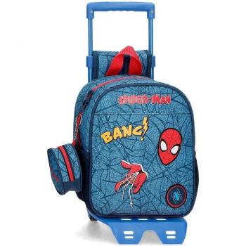 Mochila guardería Spiderman Denim con carro 25cm con porta chupete