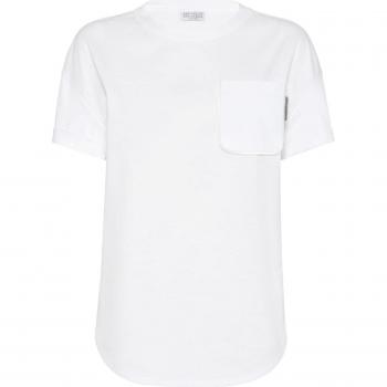 Brunello Cucinelli Women's Shiny Tab Cotton T-Shirt in White | Size XS | M0T81EH900C6159