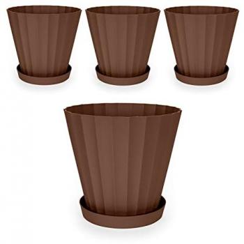 Set de 4 Macetas Redondas con Platos Incluidos - Plastiken Doric (22 cm, 5L, Bronce)