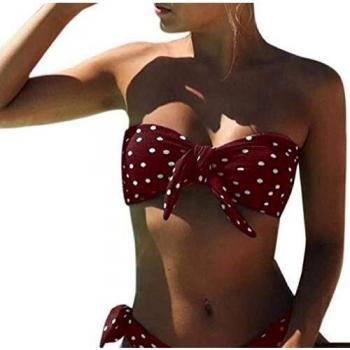 Voqeen Mujeres Cuello Halter Sin Tirantes Bandeau Giro Hacer Subir Lunares Conjunto de Bikini Traje de baño
