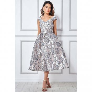 Champagne Jacquard Off-The-Shoulder Midi Dress - Size 14 UK