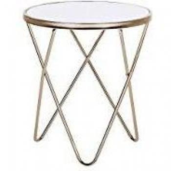 Mesa Auxiliar Redonda de Cristal Templado Blanco con Patas de Metal Dorado tipo Horquilla Meridian II