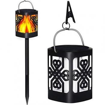 DERUC Llama luz solar Luces, Decorativas Lluminación para Patios Jardines, Lampara de Exterior con Llama de Fuego Parpadeante, LED de Resistente al Agua Luz de Paraguas Luces, Paquete de 2
