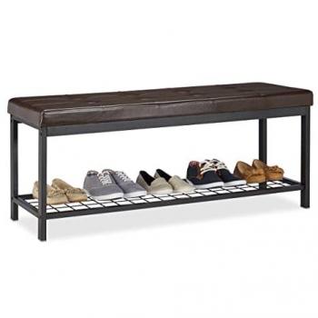 Banco Zapatero XXL, Metal-Piel Sintética Marrón, 49x115x40 cm, Asiento Acolchado y Estante para Calzado