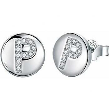 J.Endéar Pendientes Mujer Forma de Inicial P, Plata de Ley 925 con Zirconia Cúbico Alfabeto Pequeño Disco Redondo para Joyería