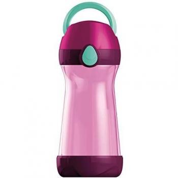 Botella de metal bicolor de 430 ml con tapa rosada y diseño elegante
