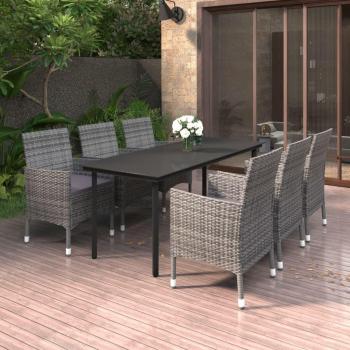 7-Piece Garden Dining Set with Cushions in Poly Rattan and Glass