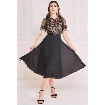 Goddiva Embroidered Top Chiffon Pleated Midi Dress - Black, featuring an embroidered top, chiffon fabric, pleated design, and midi length