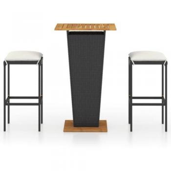 3-Piece Black Poly Rattan Garden Bar Set with Cushions