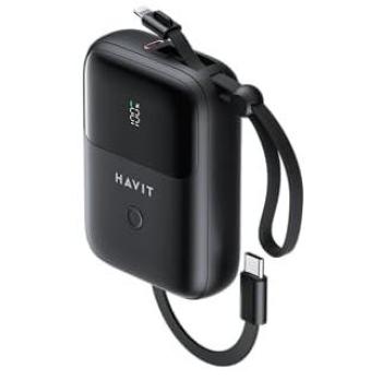Banco de energía Havit PB5215 10000mAh con cable USB-C y Lightning, batería externa compacta con pantalla LED, color negro