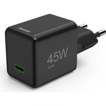 Cargador Rápido USB-C Hama 45W PD/QC, Super Mini, GaN, Negro