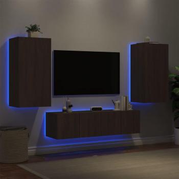 Mueble de TV pared con LED 4 piezas madera ingeniería marrón roble