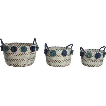 Juego de Cestas DKD Home Decor 46 x 44 x 34 cm Pompones Polipropileno Hierba marina