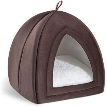 Bedsure Cama Gato Cueva Suave - Casa Gato Mediano Lavable con Cojín Desenfundable y Extraíble, Camas para Perros Pequeños 35x35x38cm, Marrón