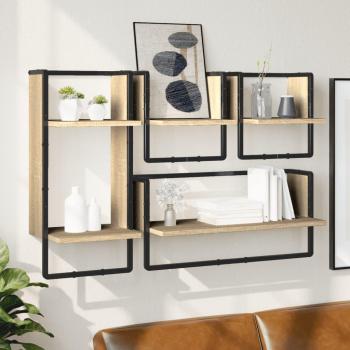 Estantes pared con barras 4 pzas madera ingeniería Negro, Roble Sonoma, Gris sonoma Mueble Almacenaje Estantería para Oficina, Estudio, Dormitorio Estantería/Librería/mueble de Almacenamiento