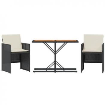Mesita y Sillas con Cojines 3 Piezas de Ratán Sintético Negro para Exterior, Muebles de Bistró para Balcón y Patio