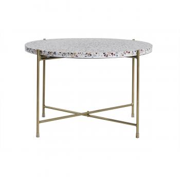 Mesa de centro redonda MEZZO en terrazo y metal dorado, 55 cm de diámetro