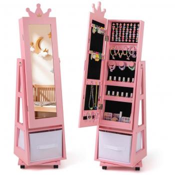 Pink 12.5 Kids Jewelry Cabinet with Full-Length Mirror and Anti-Tipping System