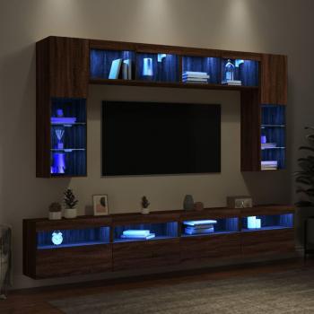 Mueble de TV de pared con luces LED 8 piezas en marrón roble