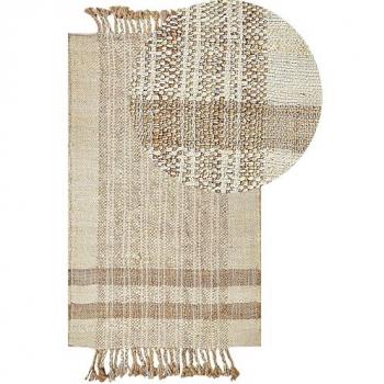 Alfombra de Yute Beige 80 x 150 cm Rectangular con Borlas y Patrón Geométrico Hecha a Mano