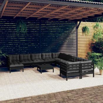 Juego de muebles de jardín 12 PCs con cojines negros y estructura de madera de pino
