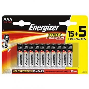 Energizer - Pack de 20 Pilas alcalinas MAX LR03 AAA, 50% más de Rendimiento, 1.5V