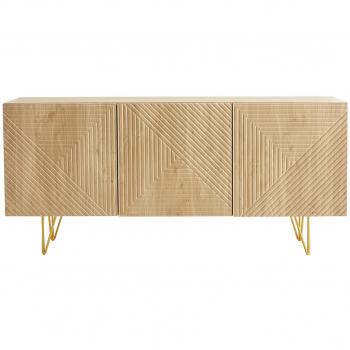 Aparador de diseño OZEN de madera de roble claro con grabados y metal dorado, 3 puertas, 160 cm