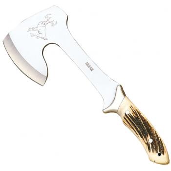 Hacha montera Joker Cazador HC00, mango de asta de ciervo, hoja de 21 cm, funda de cuero marrón, herramienta para pesca, caza, camping y senderismo