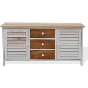 Banco Mobili Rebecca con 3 Cajones y 2 Puertas de Madera Blanco Beige, Estilo Shabby Chic, Dimensiones 44x90x34