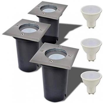 vidaXL 3x Focos LED Empotrables de Suelo para Exteriores Cuadrados Lámpara Luz Iluminación Ambiental Patio Aire Libre Terraza Bombilla Plateados